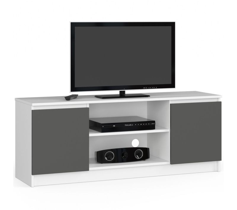 Meuble TV Pour Salon Blanc 140 Cm 2 Portes Façade Gris Graphite 2 Étagères 140x40x55 Cm