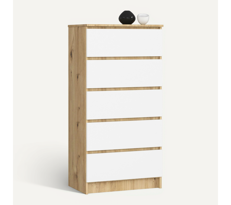Commode Akord K60 Chêne Artisan 60 Cm 5 Tiroirs Façade Blanche 60x40x121 Cm