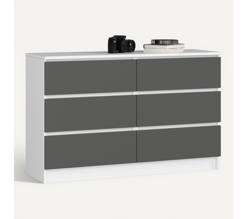 Commode Akord K120 Blanche 120 Cm 6 Tiroirs Façade Gris Graphite 120x40x77 Cm
