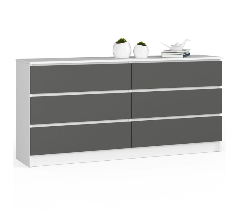 Grande Commode Pour Le Salon K160 Blanche 160 Cm 6 Tiroirs Façade Gris Graphite 160x40x77 Cm