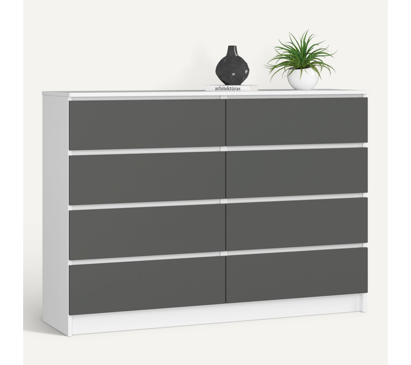 Commode K140 Blanche 138 Cm 8 Tiroirs Façade Gris Graphite 138x40x99 Cm