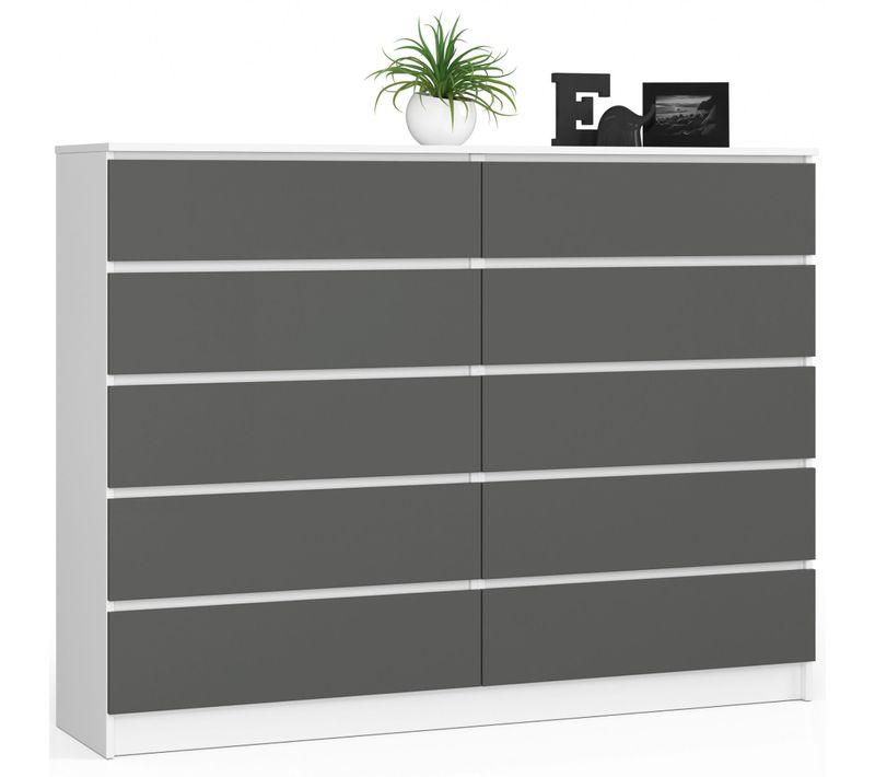 Grande Commode Pour Le Salon Akord K160 Blanche 160 Cm 10 Tiroirs Façade Gris Graphite 160x40x121 Cm