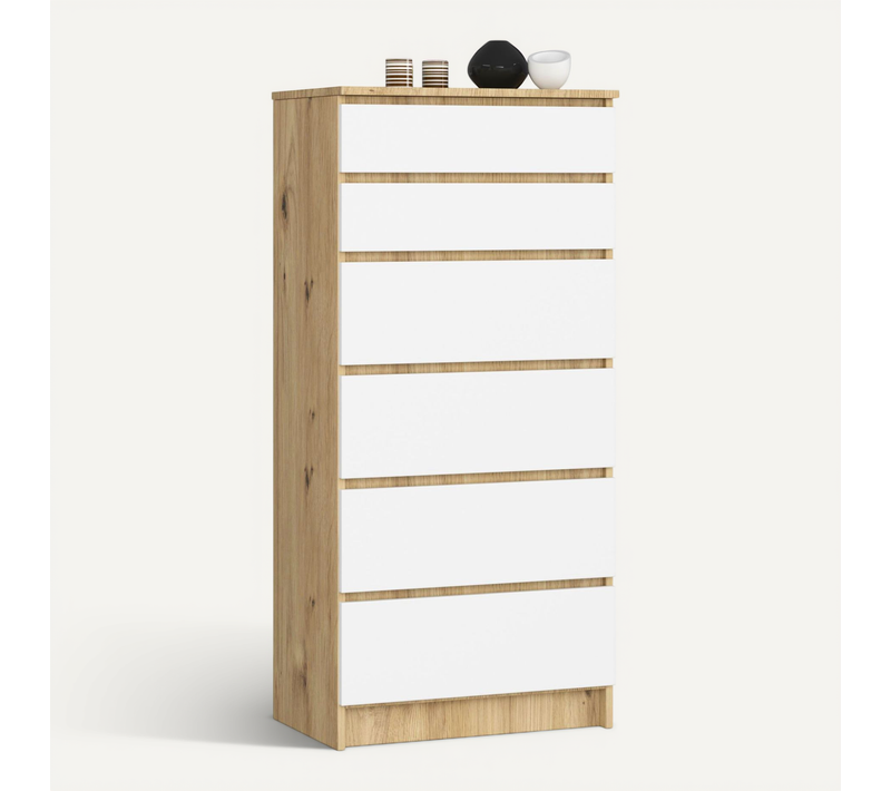 Commode K60 Chêne Artisan 60 Cm 6 Tiroirs Façade Blanche 60x40x130 Cm