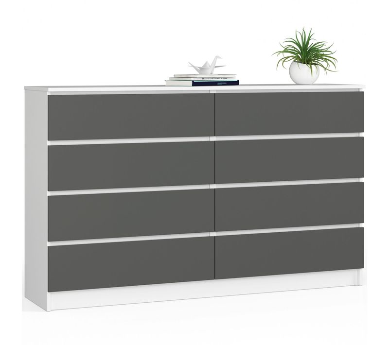 Grande Commode Pour Le Salon K160 Blanche 160 Cm 8 Tiroirs Façade Gris Graphite 160x40x99 Cm