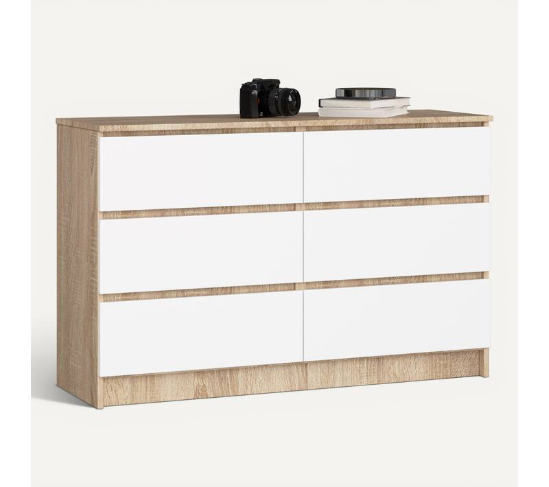 Commode K120 Chêne Sonoma 120 Cm 6 Tiroirs Façade Blanche 120x40x77 Cm