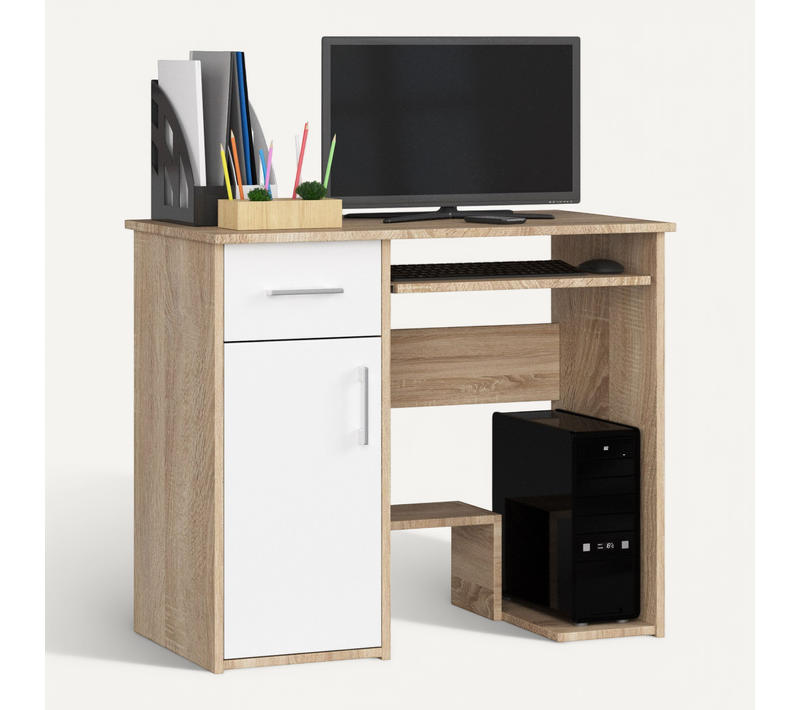 Bureau D'ordinateur Jay Chêne Sonoma 90 Cm 1 Porte 1 Tiroir Façade Blanche 3 étagères 90x50x74