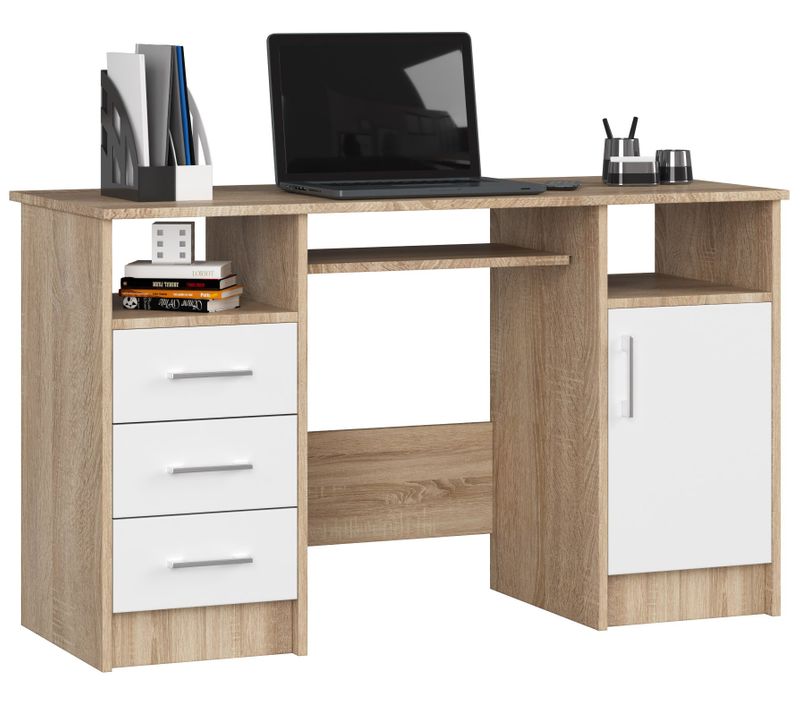 Bureau D'ordinateur Akord Ana Chêne Sonoma 124 Cm 1 Porte 3 Tiroirs Façade Blanche