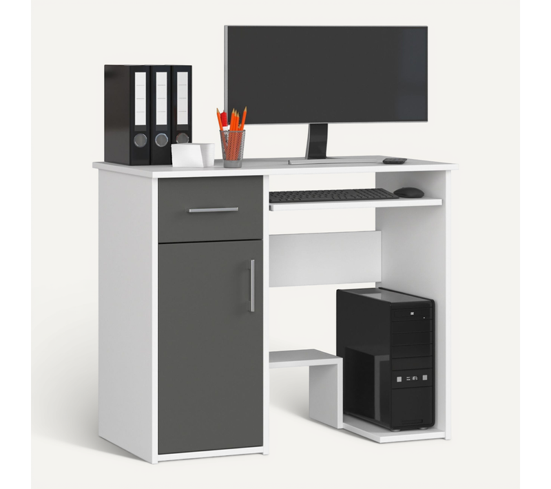 Bureau D'ordinateur Jay Blanc 90 Cm 1 Porte 1 Tiroir Façade Gris Graphite 3 étagères 90x50x74