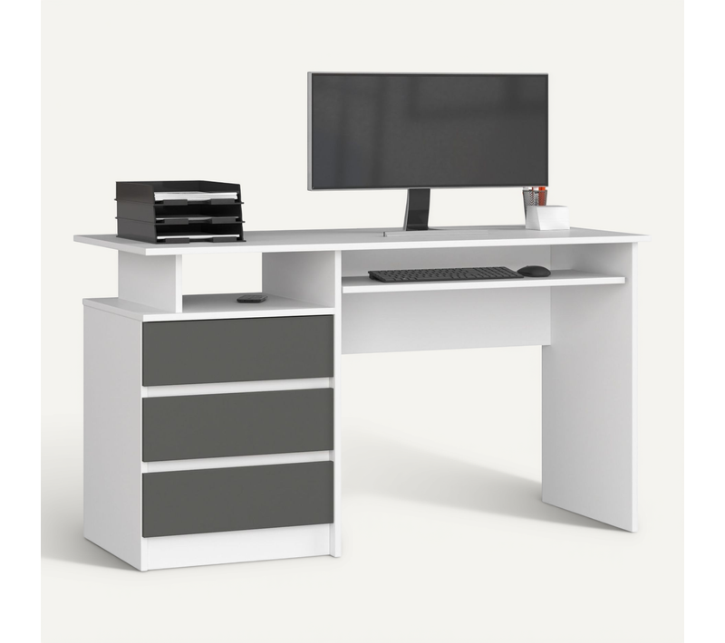 Bureau D'ordinateur Akord Clp Blanc 135 Cm 3 Tiroirs Façade Gris Graphite 2 étagères 135x60x77 Cm