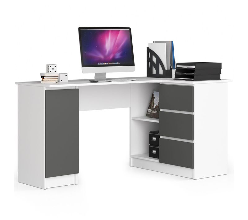 Grand Bureau D'angle Akord Droit B20 Blanc 155 Cm 1 Porte 3 Tiroirs Façade Gris Graphite