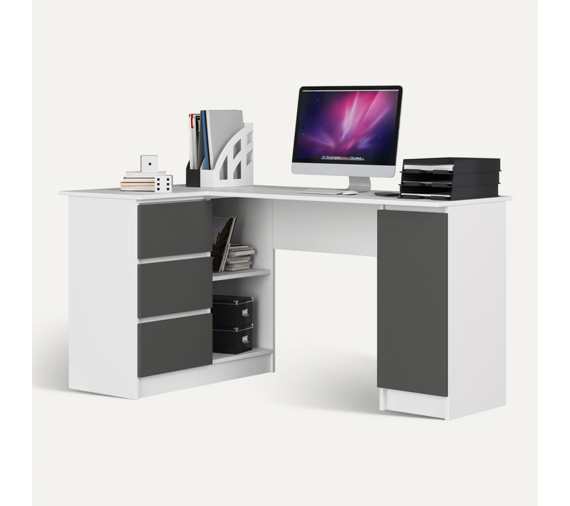 Bureau Akord D'angle Gauche B20 Blanc 155 Cm 1 Porte 3 Tiroirs Façade Gris Graphite