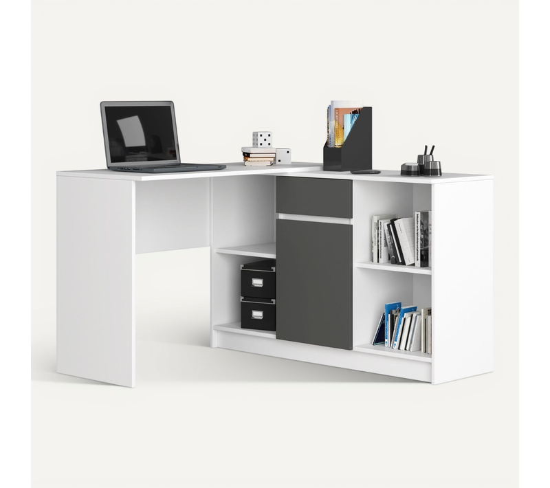 Ensemble D' Angle, Bureau B17 Avec Commode Blanc 120 Cm 1 Porte 1 Tiroir Façade Gris Graphite