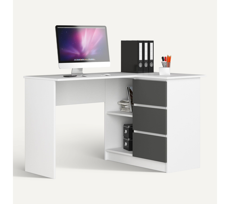 Bureau Akord D'angle Droit B16 Blanc 124 Cm 3 Tiroirs Façade Gris Graphite 2 étagères 124x85x77 Cm