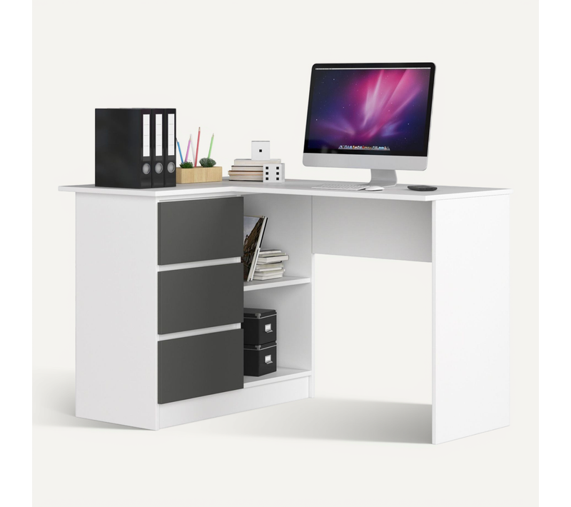 Bureau Akord D'angle Gauche B16 Blanc 124 Cm 3 Tiroirs Façade Gris Graphite 2 Étagères 124x85x77 Cm