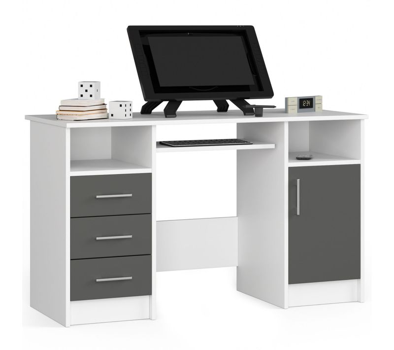 Bureau D'ordinateur Akord Ana Blanc 124 Cm 1 Porte 3 Tiroirs Façade Gris Graphite