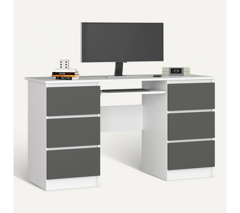 Bureau D'ordinateur A11 Blanc 135 Cm 6 Tiroirs Façade Gris Graphite 135x50x77 Cm