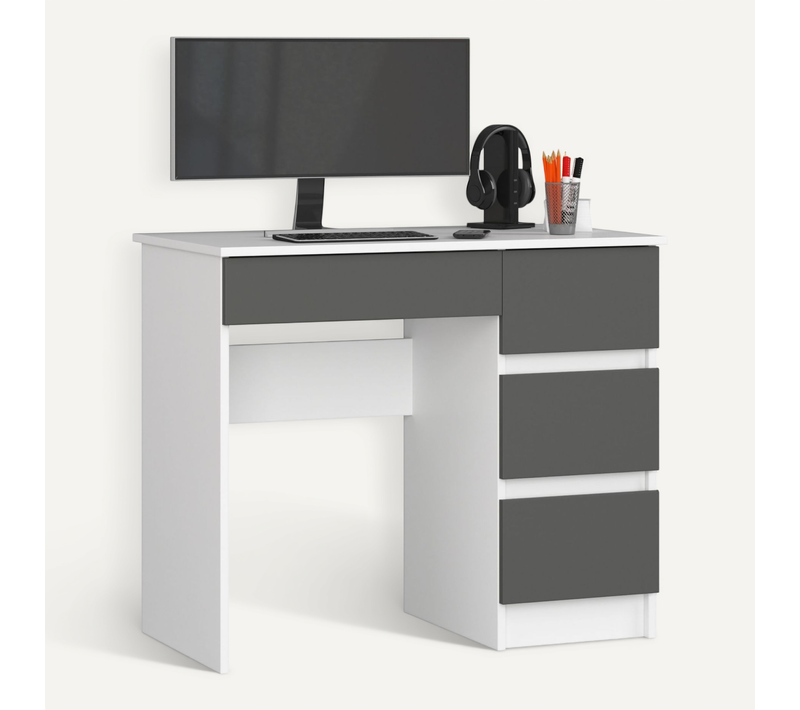 Bureau D'ordinateur Droit A7 Blanc 90 Cm 4 Tiroirs Façade Gris Graphite 90x50x77 Cm