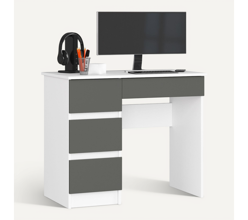 Bureau D'ordinateur Gauche A7 Blanc 90 Cm 4 Tiroirs Façade Gris Graphite 90x50x77 Cm