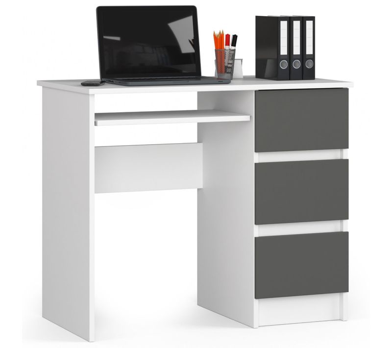 Bureau D'ordinateur Droit A6 Blanc 90 Cm 3 Tiroirs Façade Gris Graphite 1 Étagère 90x50x77 Cm