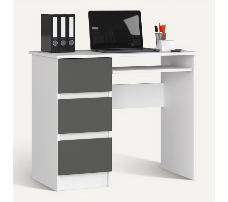 Bureau D'ordinateur Gauche A6 Blanc 90 Cm 3 Tiroirs Façade Gris Graphite 1 Étagère 90x50x77 Cm