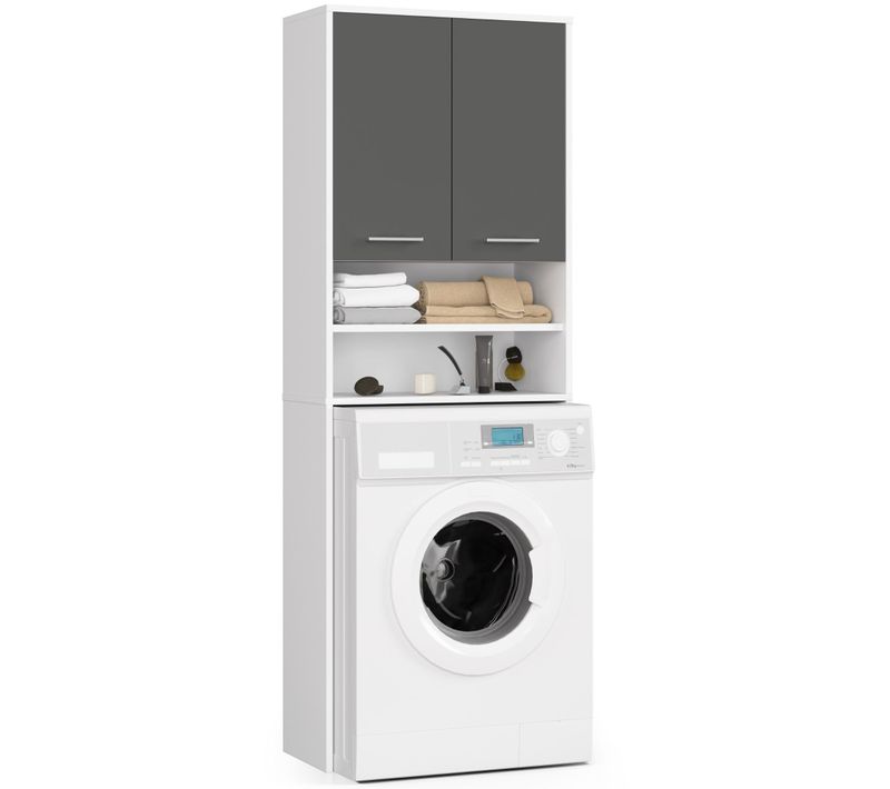 Meuble Pour Machine à Laver Blanche 64 Cm 2 Portes Façade Gris Graphite 4 Étagères 64x30x180 Cm