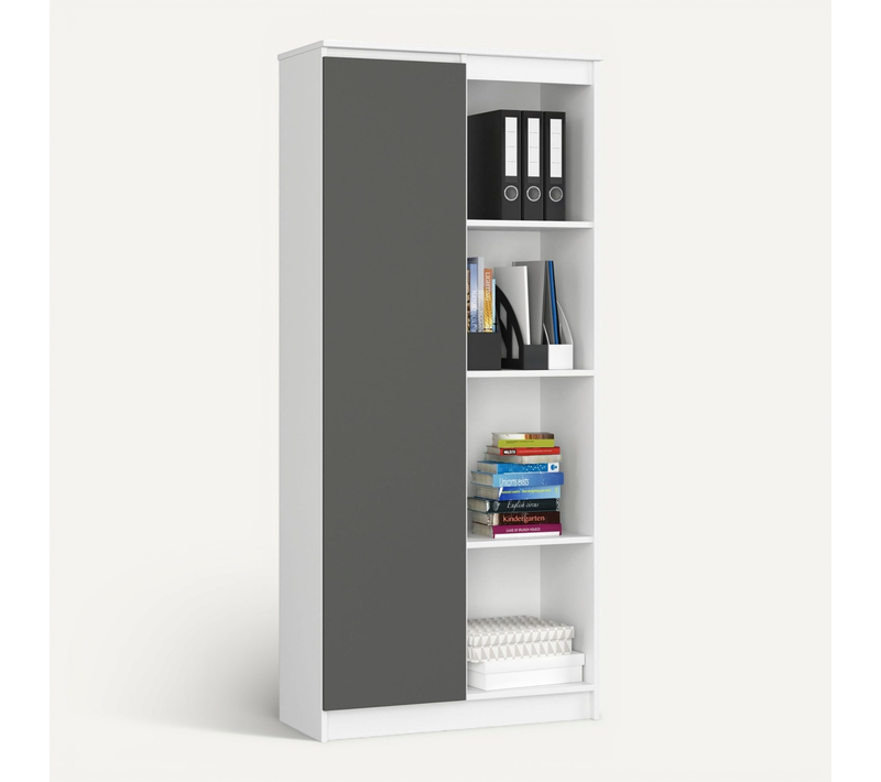 Bibliothèque De Bureau R80 Blanche 80 Cm 1 Porte Façade Gris Graphite 8 Étagères 80x35x180 Cm