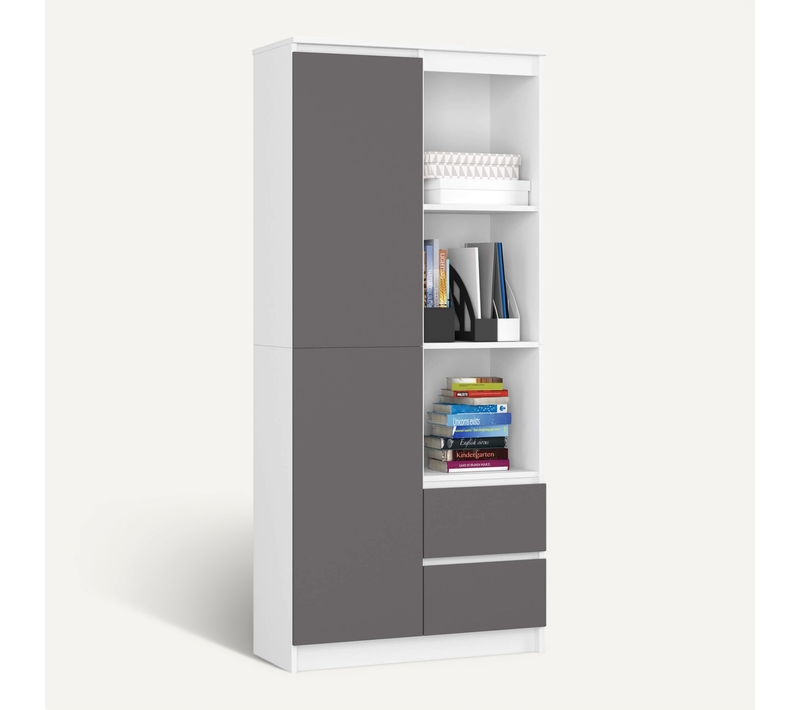 Bibliothèque De Bureau R11 Blanche 80 Cm 1 Porte 2 Tiroirs Façade Gris Graphite 7 Étagères