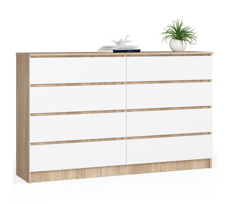 Grande Commode Pour Le Salon Akord K160 Chêne Sonoma 160 Cm 8 Tiroirs Façade Blanche 160x40x99 Cm
