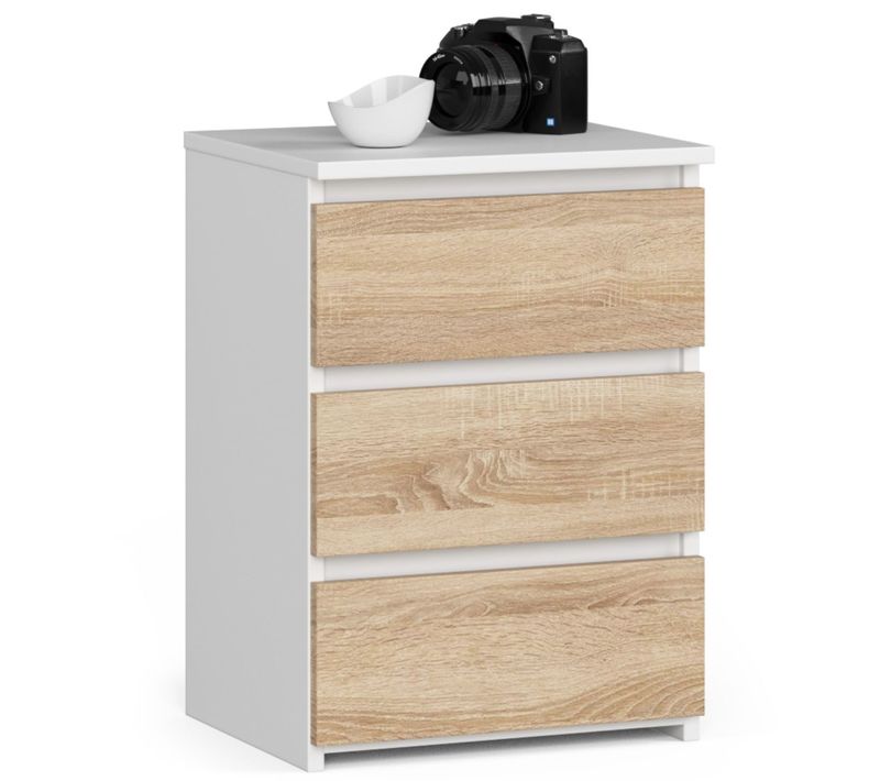 Table De Chevet Akord Cl3 Blanche 40 Cm 3 Tiroirs Façade Chêne Sonoma 40x35x57 Cm