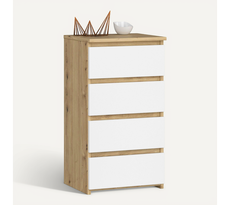 Commode Cl4 Chêne Artisan 40 Cm 4 Tiroirs Façade Blanche 40x35x74 Cm