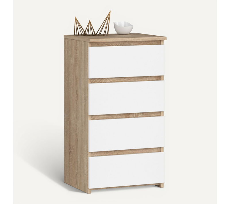 Commode Cl4 Chêne Sonoma 40 Cm 4 Tiroirs Façade Blanche 40x35x74 Cm