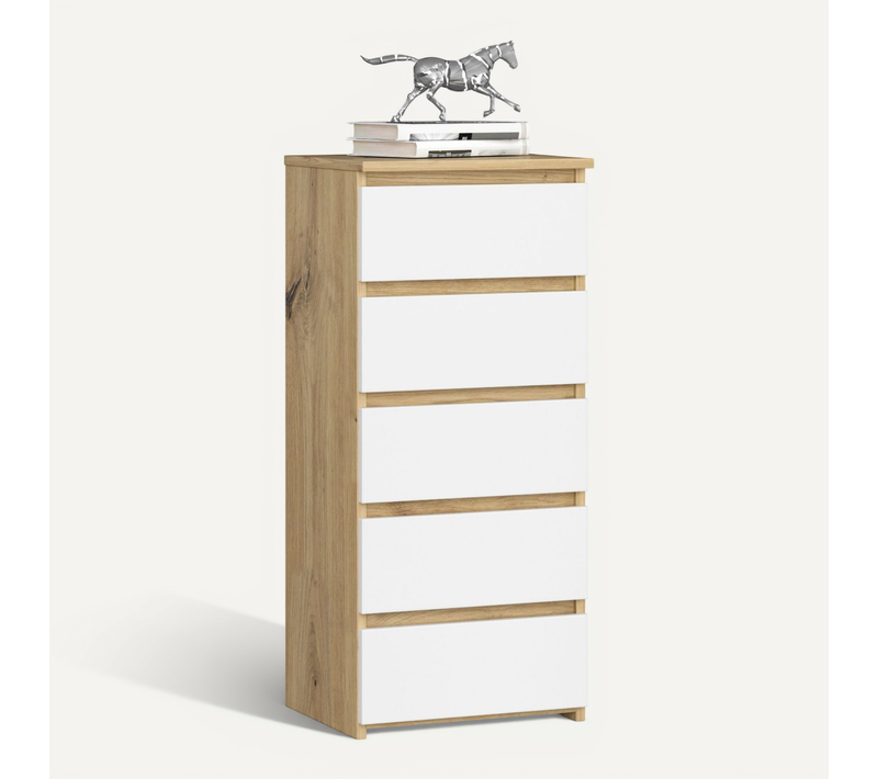 Commode Cl5 Chêne Artisan 40 Cm 5 Tiroirs Façade Blanche 40x35x92 Cm