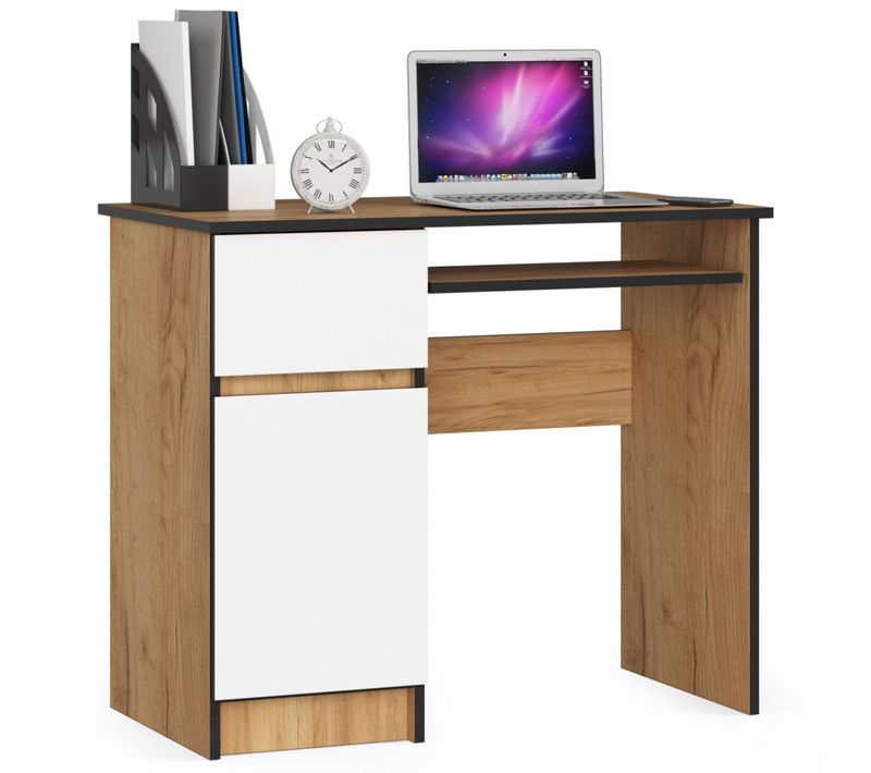 Bureau D'ordinateur Gauche Piksel Chêne Craft 90 Cm 1 Porte 1 Tiroir Façade Blanche