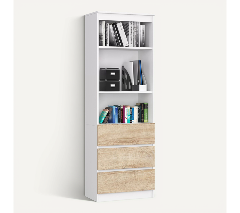 Bibliothèque De Bureau R60 Blanche 60 Cm 3 Tiroirs Façade Chêne Sonoma 3 Étagères 60x35x180 Cm