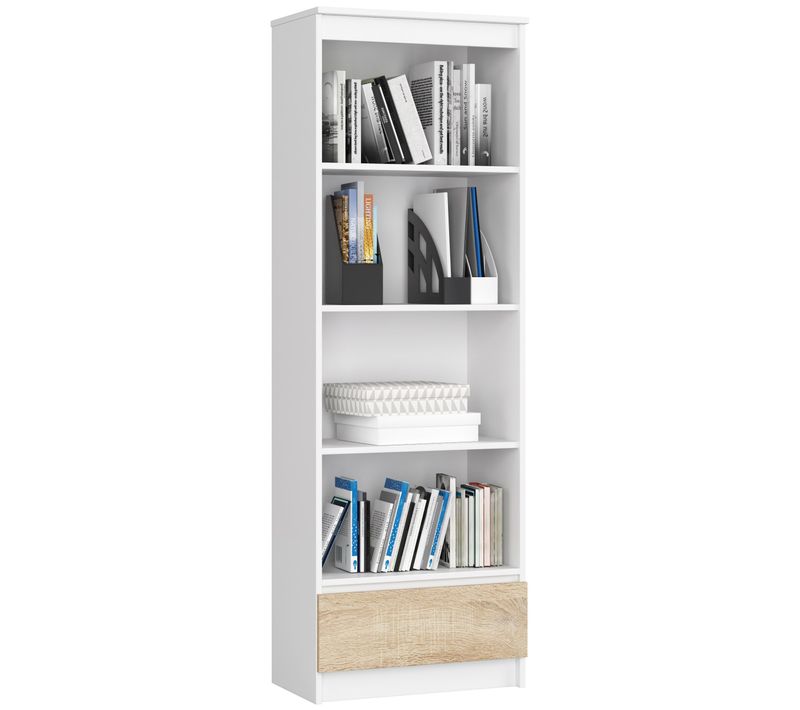 Bibliothèque De Bureau R60 Blanche 60 Cm 1 Tiroir Façade Chêne Sonoma 4 Étagères 60x35x180 Cm