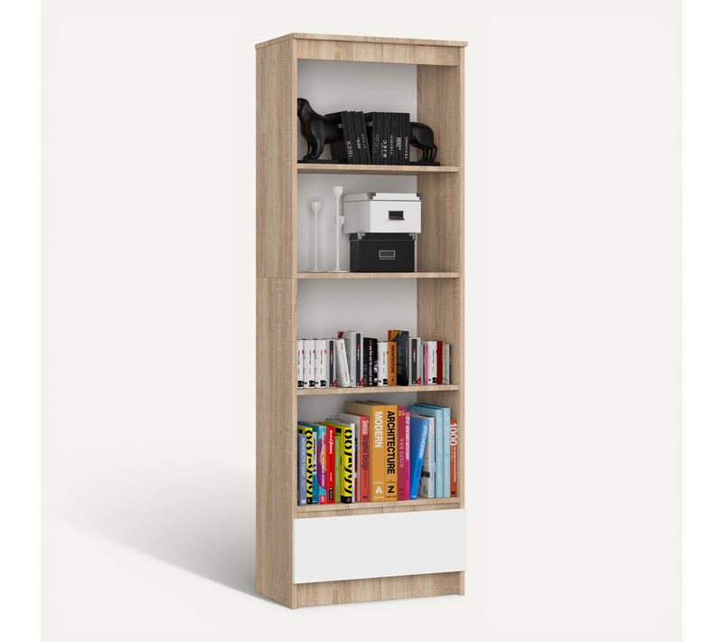 Bibliothèque De Bureau R60 Chêne Sonoma 60 Cm 1 Tiroir Façade Blanche 4 Étagères 60x35x180 Cm