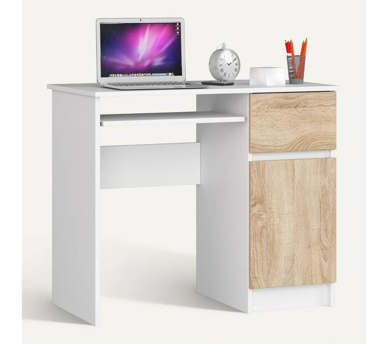 Bureau D'ordinateur Droit Piksel Blanc 90 Cm 1 Porte 1 Tiroir Façade Sonoma 3 étagères 90x50x77