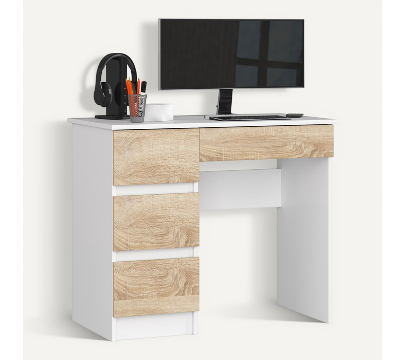 Bureau D'ordinateur Gauche A7 Blanc 90 Cm 4 Tiroirs Façade Chêne Sonoma 90x50x77 Cm