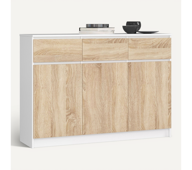 Commode K140 Blanche 138 Cm 3 Portes 3 Tiroirs Façade Chêne Sonoma 6 Étagères 138x40x99 Cm
