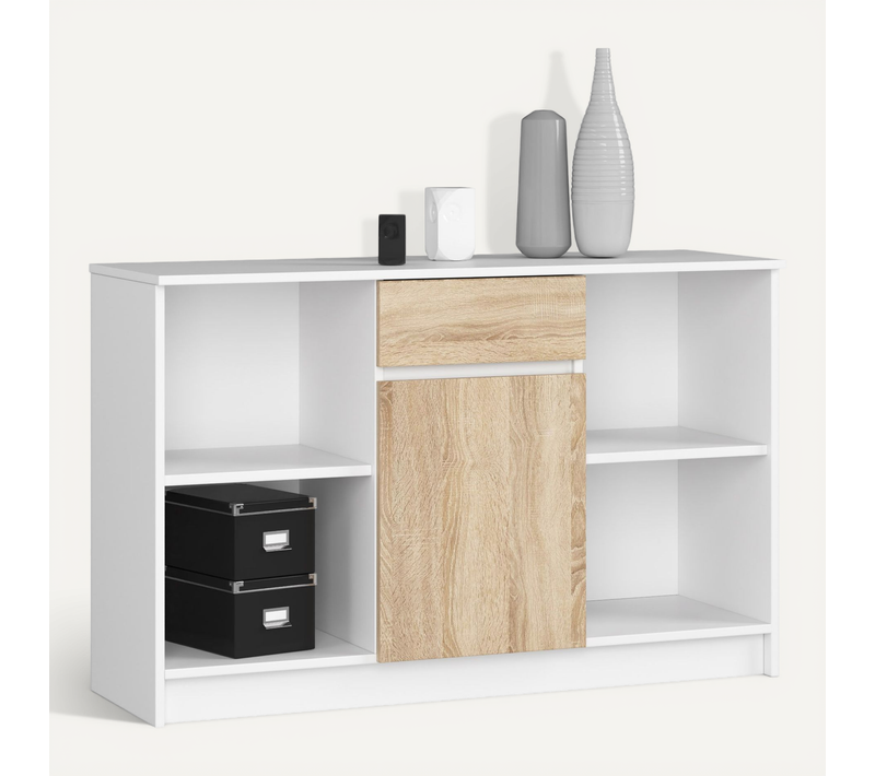 Commode B17 Blanche 120 Cm 1 Porte 1 Tiroir Façade Chêne Sonoma 6 Étagères 120x40x77 Cm