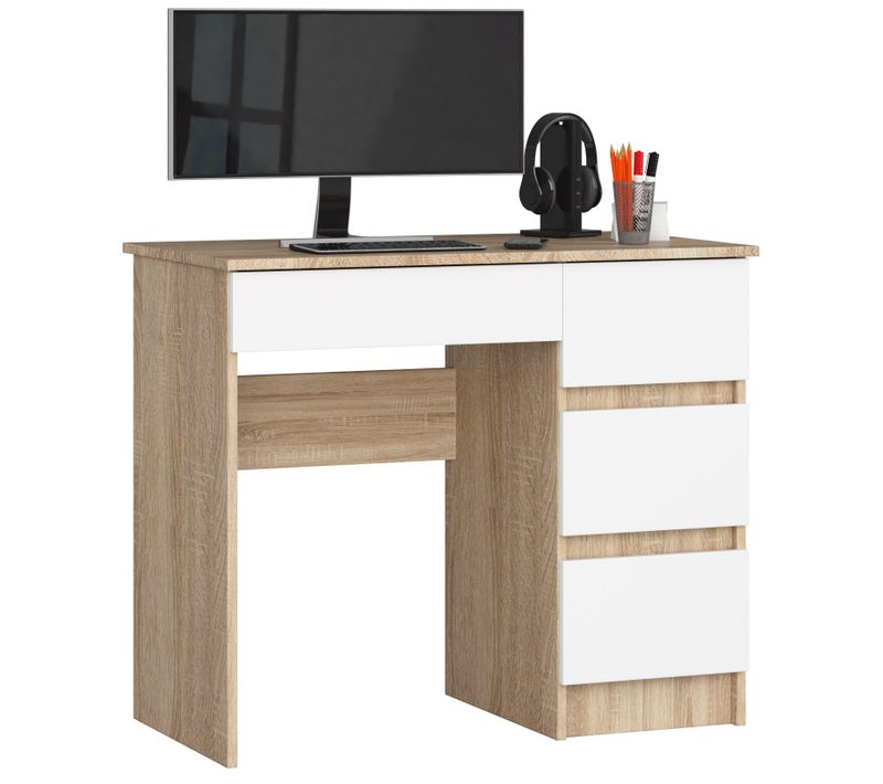 Bureau D'ordinateur Droit A7 Chêne Sonoma 90 Cm 4 Tiroirs Façade Blanche 90x50x77 Cm