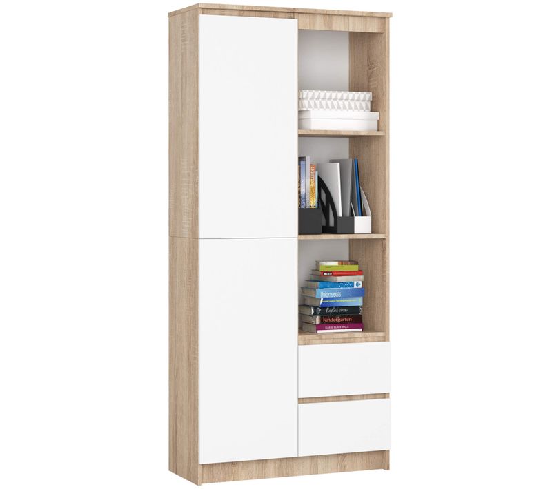 Bibliothèque De Bureau R11 Sonoma 80 Cm 1 Porte 2 Tiroirs Façade Blanche 7 Étagères 80x35x180