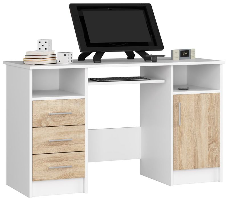 Bureau D'ordinateur Akord Ana Blanc 124 Cm 1 Porte 3 Tiroirs Façade Chêne Sonoma
