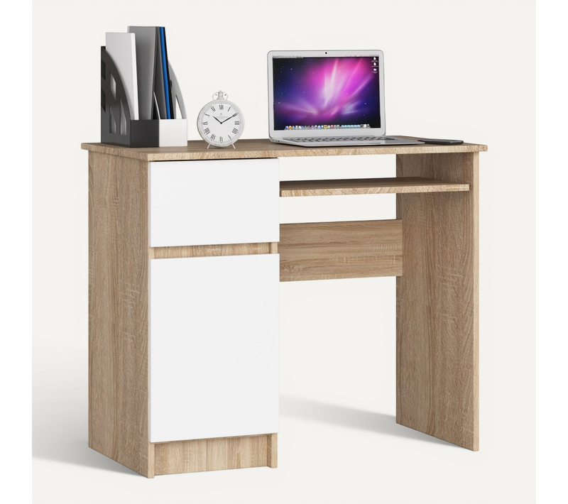 Bureau D'ordinateur Gauche Piksel Sonoma 90 Cm 1 Porte 1 Tiroir Façade Blanche 3 Étagères