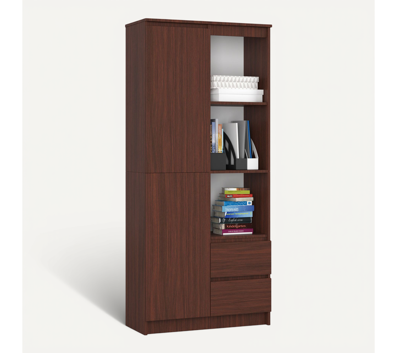 Bibliothèque De Bureau R11 Wengé 80 Cm 1 Porte 2 Tiroirs Façade Wengé 7 Étagères 80x35x180 Cm