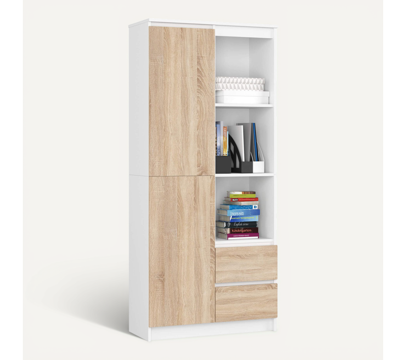 Bibliothèque De Bureau R11 Blanche 80 Cm 1 Porte 2 Tiroirs Façade Sonoma 7 Étagères 80x35x180