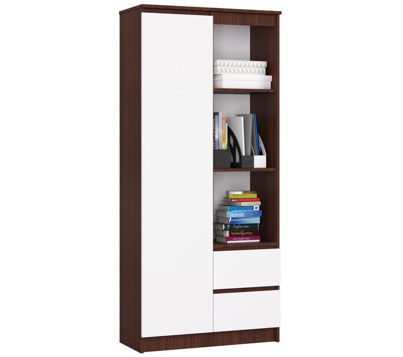 Bibliothèque De Bureau R11 Wengé 80 Cm 1 Porte 2 Tiroirs Façade Blanche 7 Étagères 80x35x180