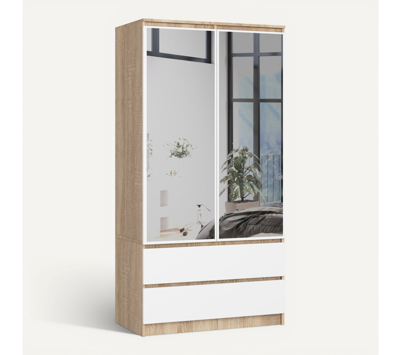 Armoire Akord S90 Avec Miroir Chêne Sonoma 90 Cm 2 Portes 2 Tiroirs Façade Blanche