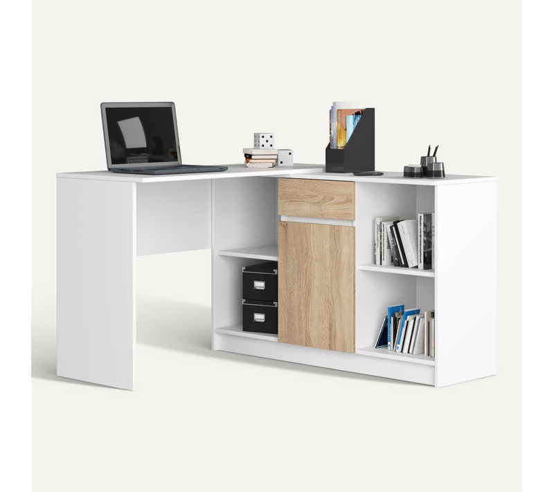 Ensemble D'angle, Bureau B17 Avec Commode Blanc 120 1 Porte 1 Tiroir Façade Sonoma 6 Étagères