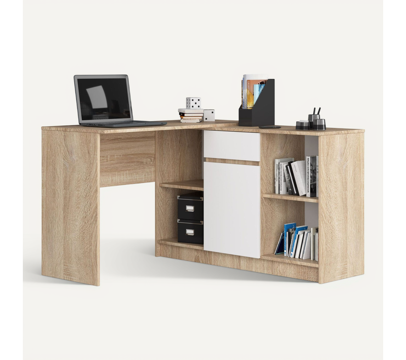 Ensemble D'angle Akord Bureau B17 Avec Commode Chêne Sonoma 120 Cm 1 Porte 1 Tiroir Façade Blanche
